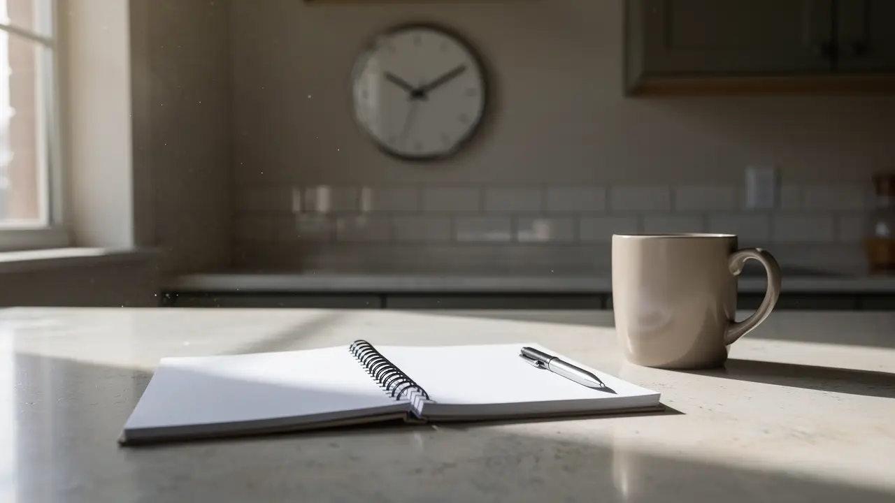 An open notebook and pen on a kitchen worktop below a plain wall clock
