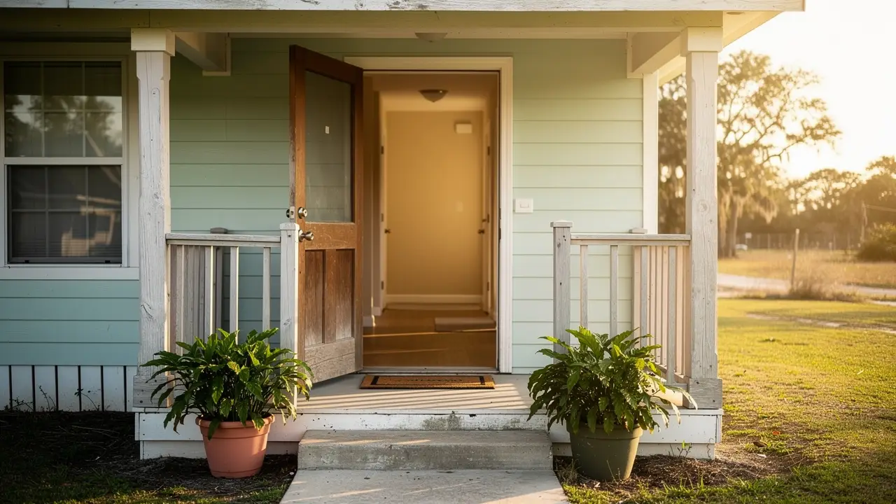 The open front door and porch of a single storey Gulf Coast house in late afternoon light