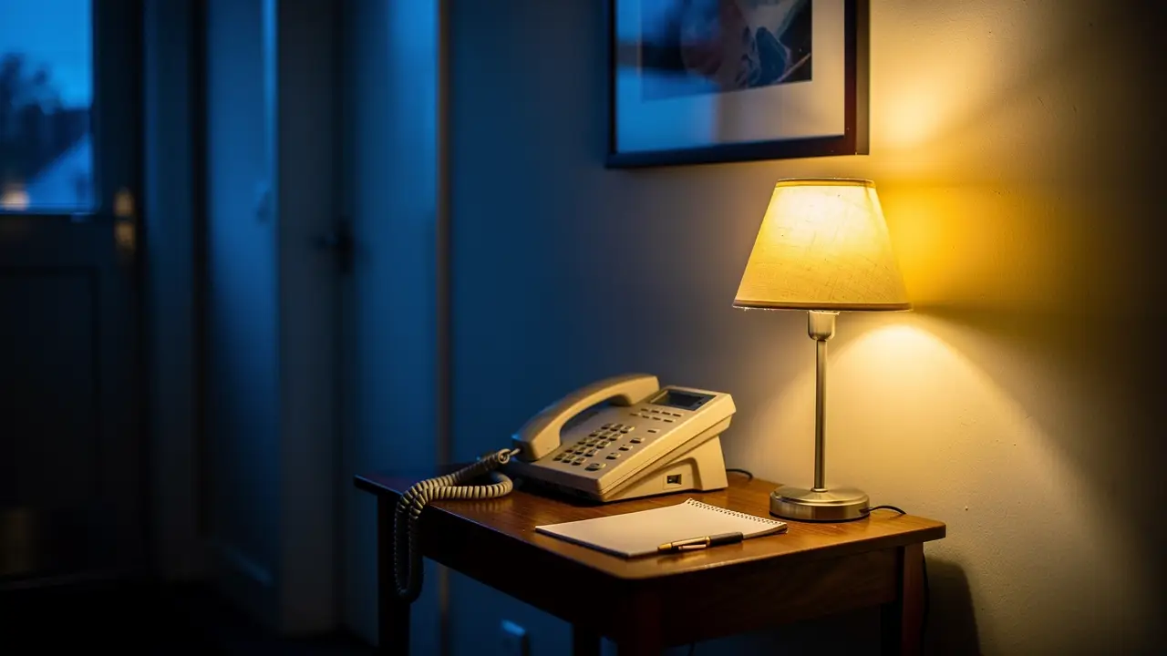A telephone and a blank notepad on a hallway table beside a lit lamp at dusk