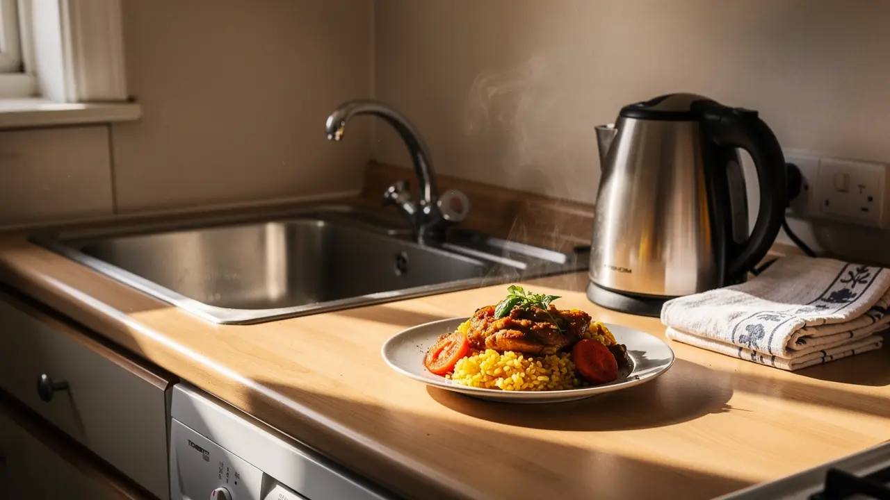 A hot lunch plated on a kitchen counter beside a kettle and a folded tea towel